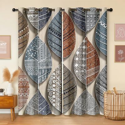 Havenix Boho Geometric Leaf Pattern Blackout Curtains, Brown and Blue, 2-Piece Set, 63 in Long