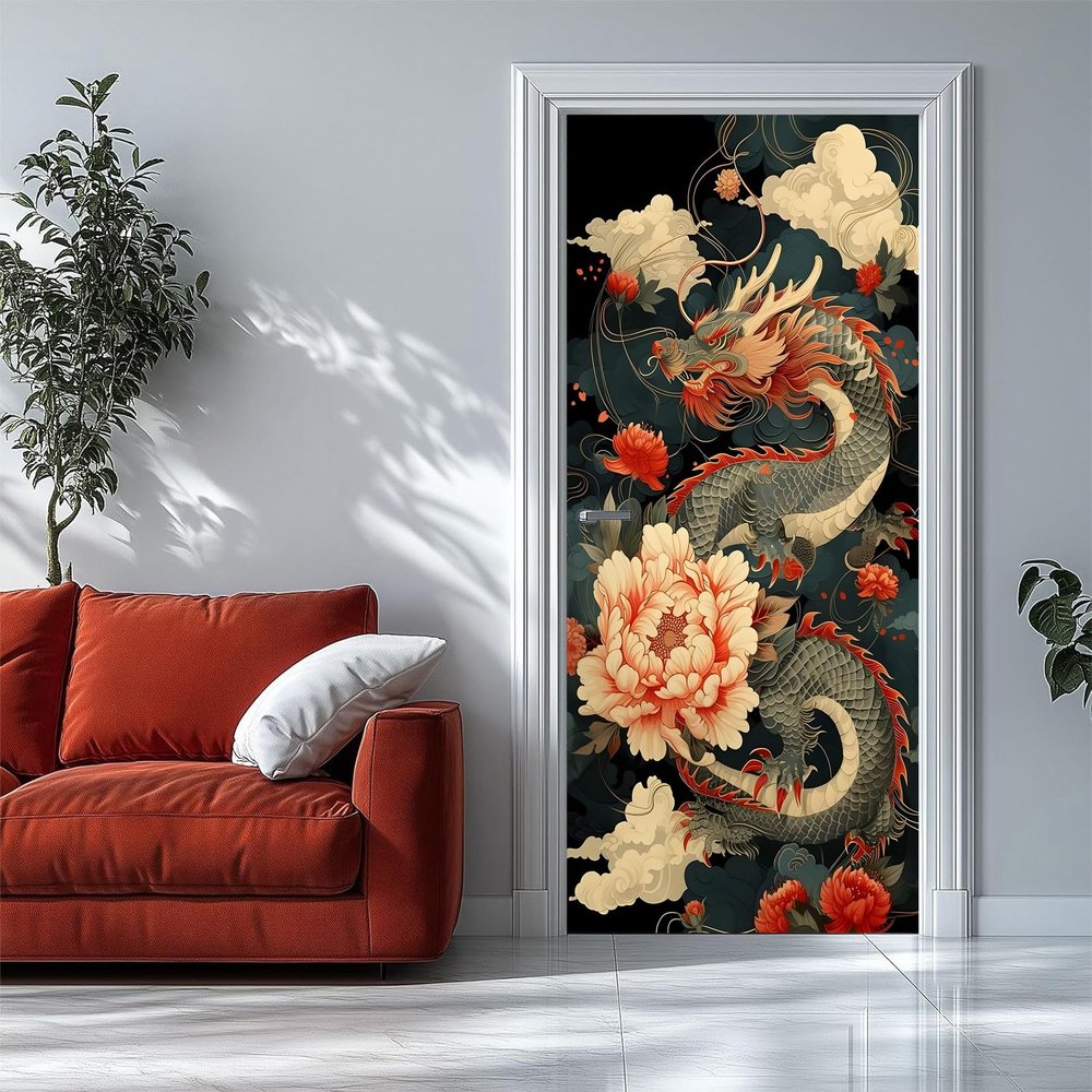 Self-Adhesive Door Wallpaper 86 x 200 cm, Dragon and Peonies, 3D Effect