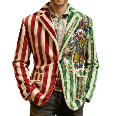Men's Carnival Blazer with Clown Print Look, Sequin Design, Colorful Stripes and Vintage Circus Style