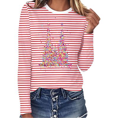 Women's Red and White Striped Long-Sleeve Shirt, Crew Neck, Red, S
