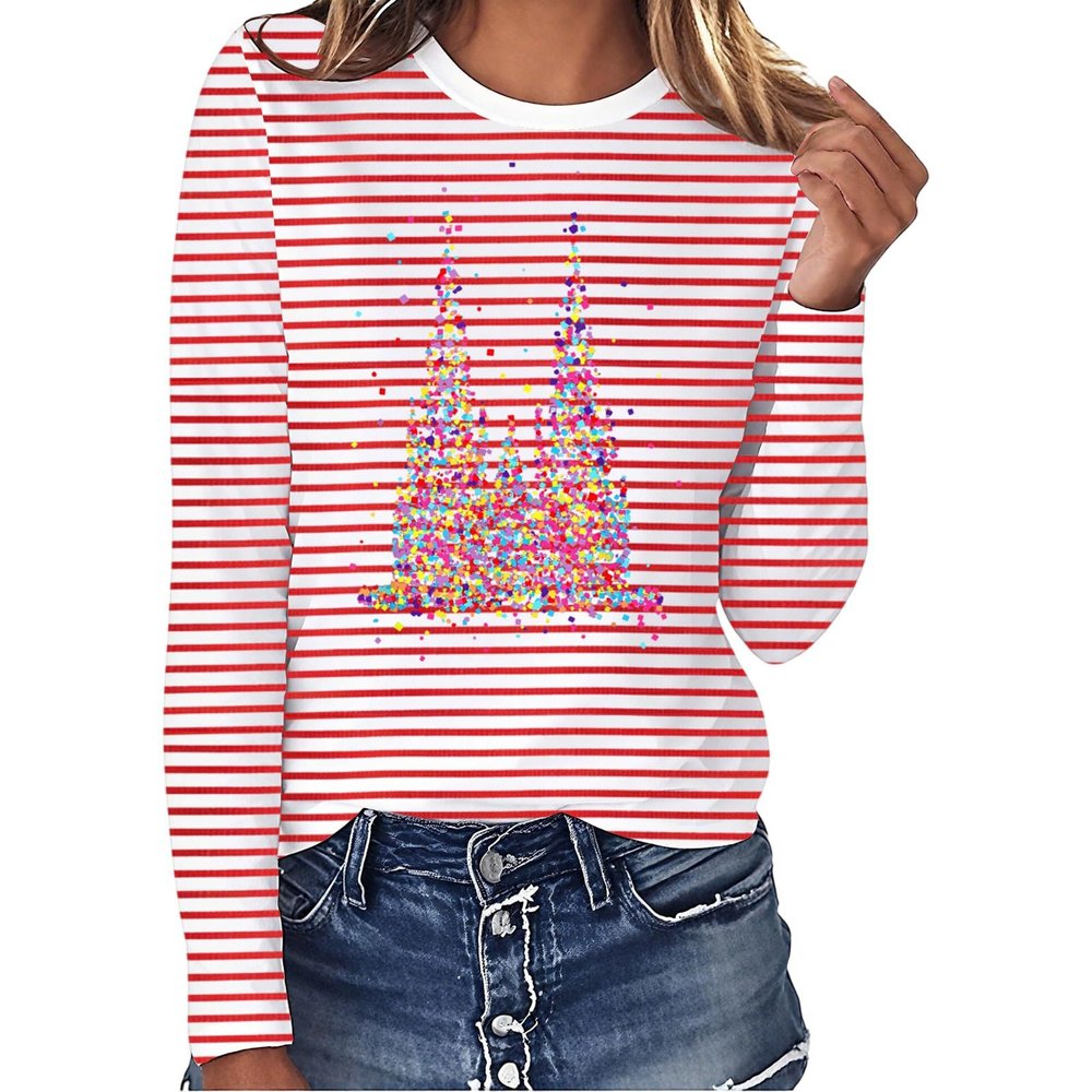 Women's Red and White Striped Long-Sleeve Shirt, Crew Neck, Red, S