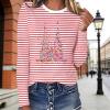 Women's Red and White Striped Long-Sleeve Shirt, Crew Neck, Red, S view 2
