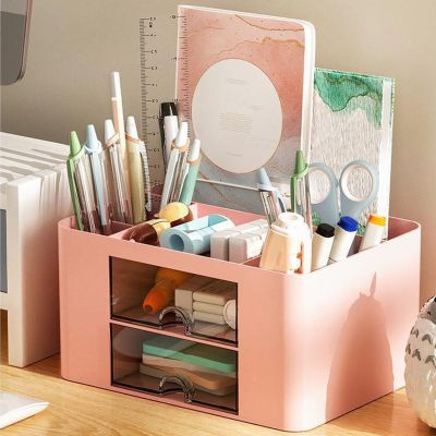 Riuulity Desktop Storage Organizer, Large Capacity, Cute Multifunctional Pen Holder, Pink
