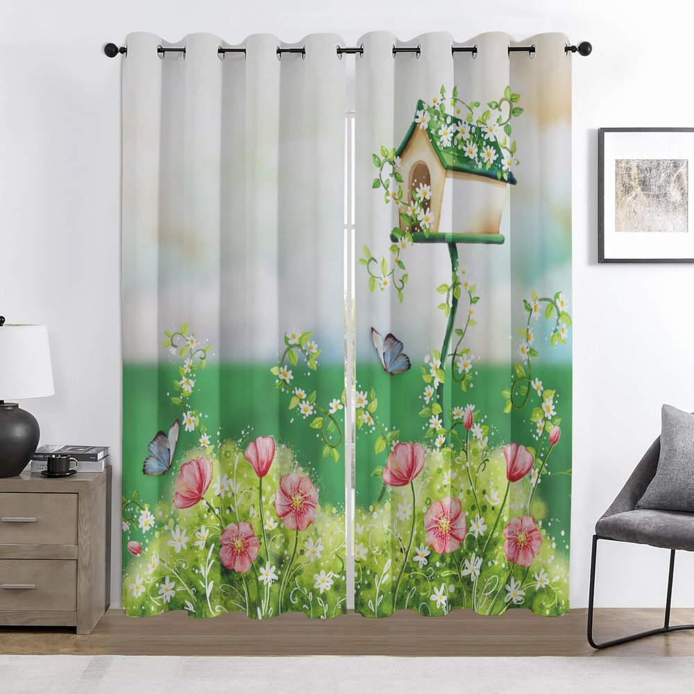 Birdhouse Blackout Curtains with Flowers, Butterflies and Birds, Green Field Thermal Curtains, 2-Piece Set, 160 x 132 cm