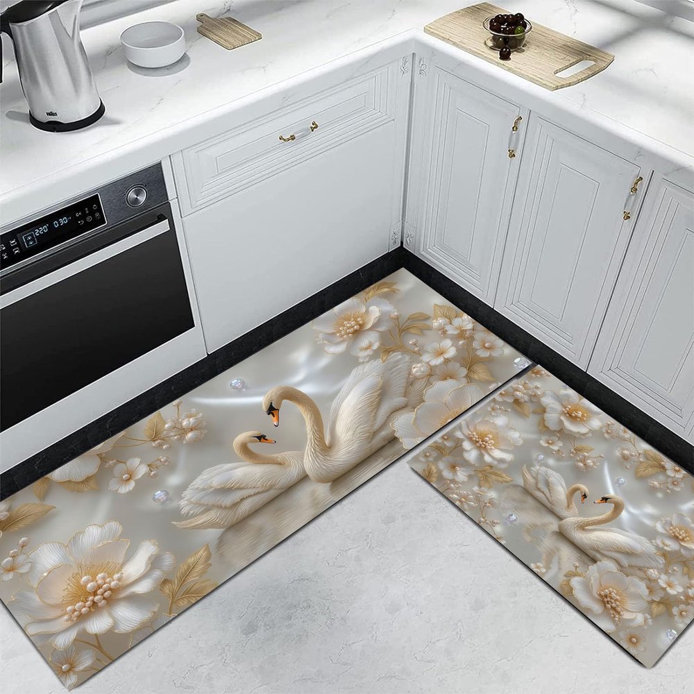 Elegant Non-Slip Kitchen Mat Set, 2-Piece, Beige