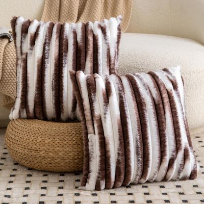 Madizz Set of 2 Plush Faux Fur Decorative Pillow Covers, Striped, Soft, for Sofa or Bedroom, Shell Dark Brown/White, 18 x 18 in