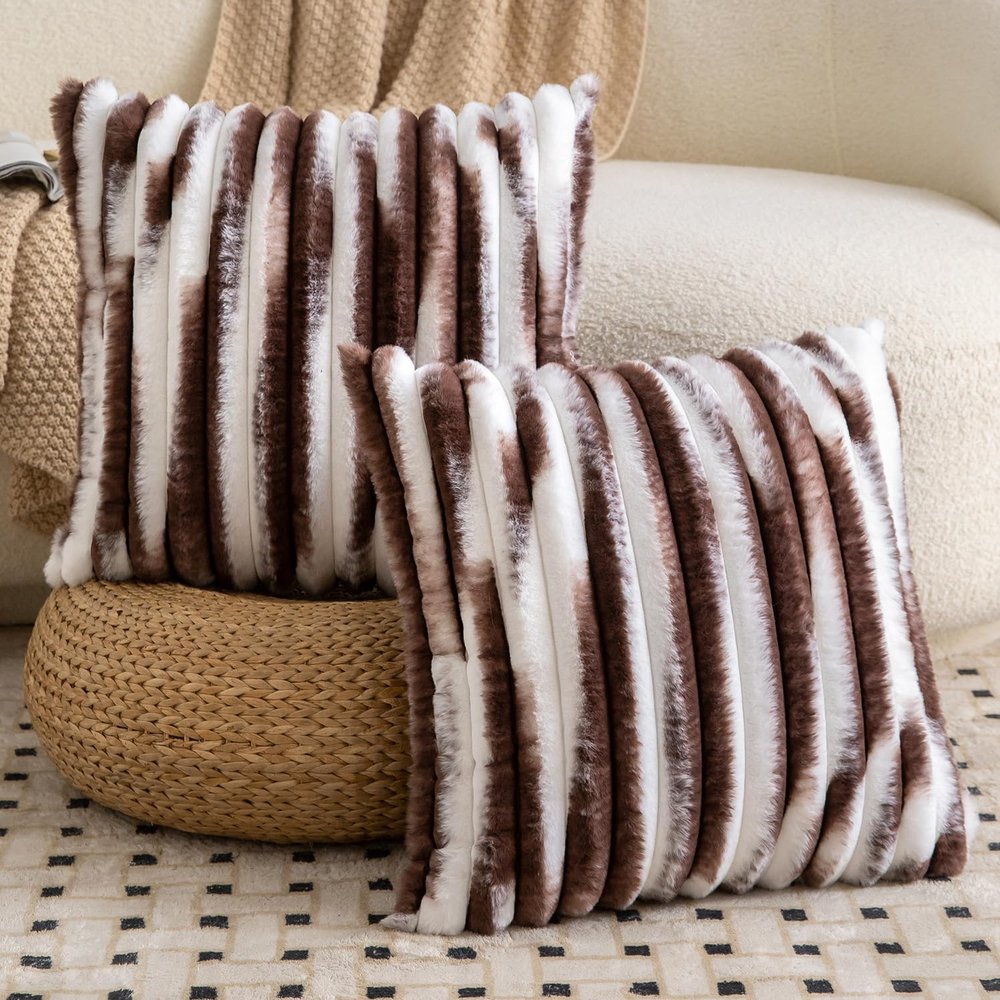 Madizz Set of 2 Plush Faux Fur Decorative Pillow Covers, Striped, Soft, for Sofa or Bedroom, Shell Dark Brown/White, 18 x 18 in