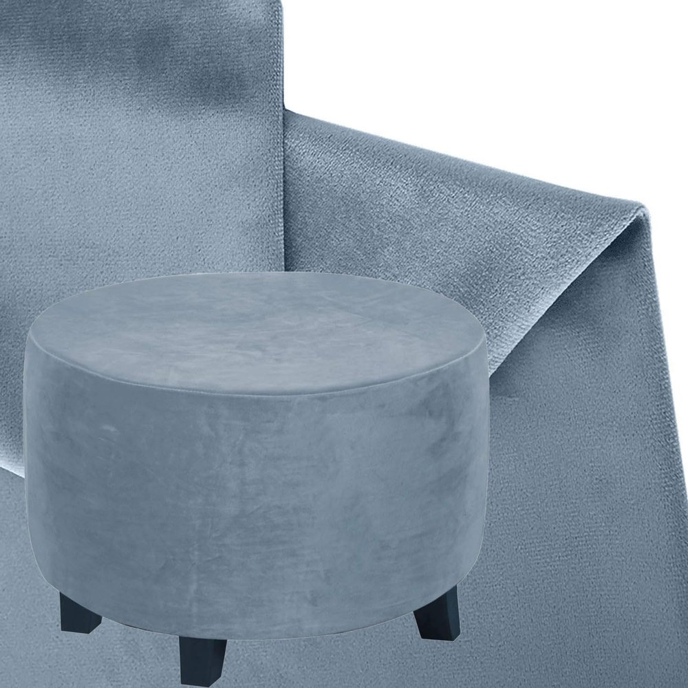 DOGACA Round Footstool Cover, Stretch Ottoman Slipcover, Velvet Gray Blue, D-63 cm/25 in