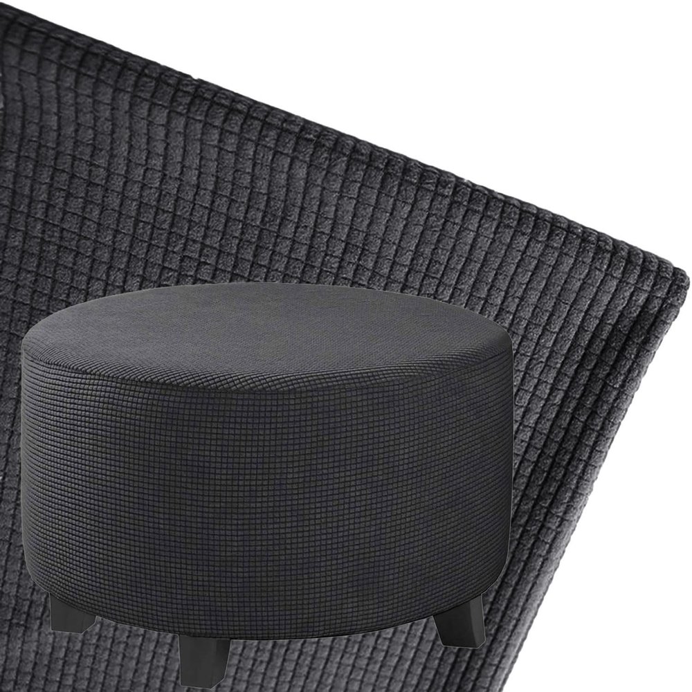 DOGACA Round Ottoman Cover, Stretch Slipcover for Footstools, Black Fleece, 38 cm/15 in