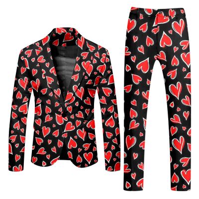 Generic Men's Valentine's Day 2-Piece Slim-Fit Suit Costume with Heart-Print Pants