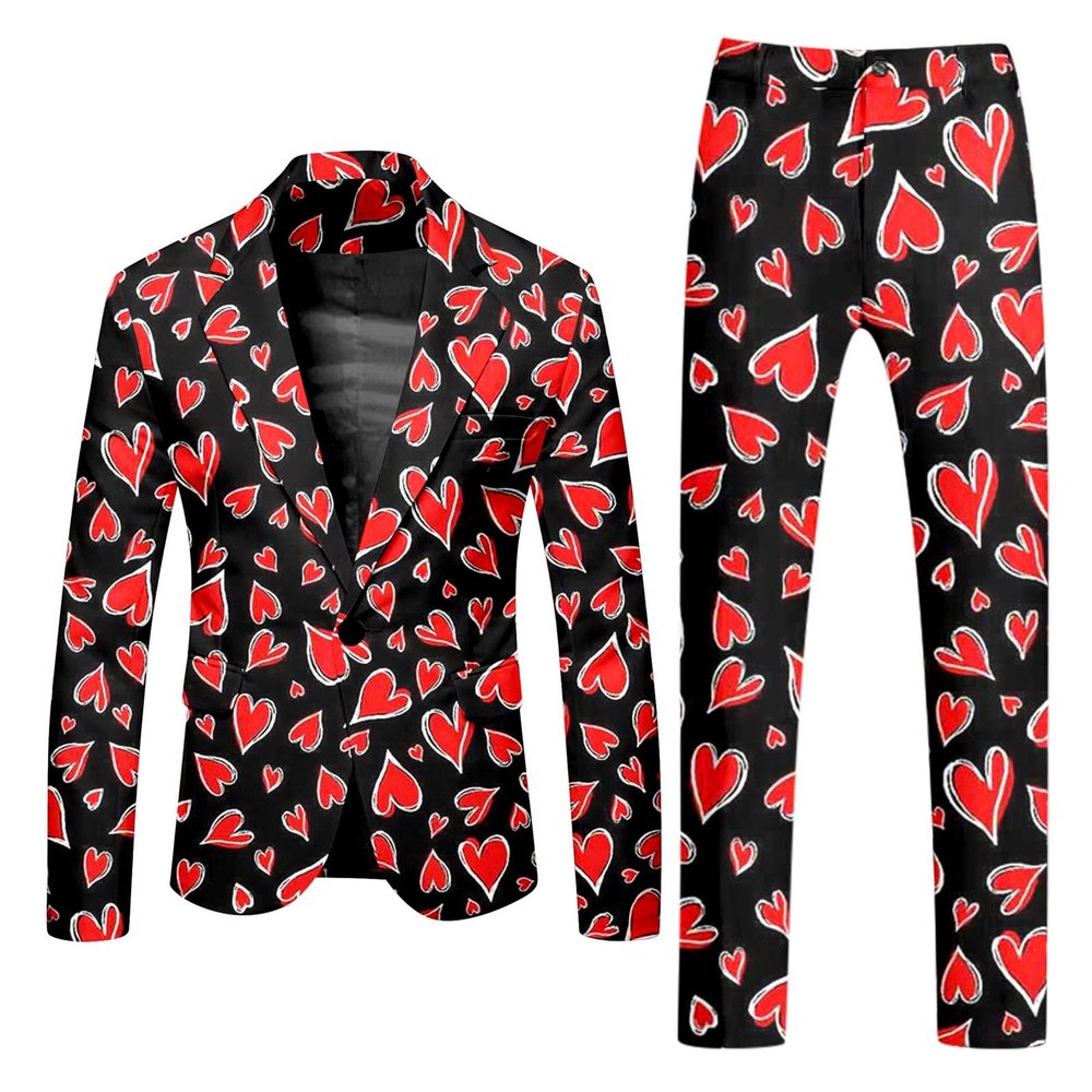 Generic Men's Valentine's Day 2-Piece Slim-Fit Suit Costume with Heart-Print Pants