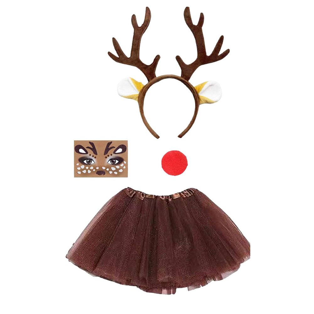 Women's Deer Costume Set with Antler Headband, Tutu Skirt, Gloves, Tail and Bow Tie