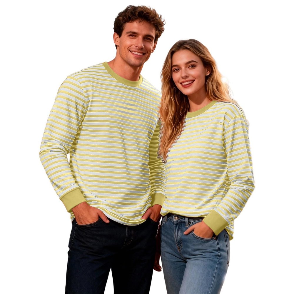 Unisex Red-and-White Striped Long-Sleeve Shirt, Round Neck, Yellow, S