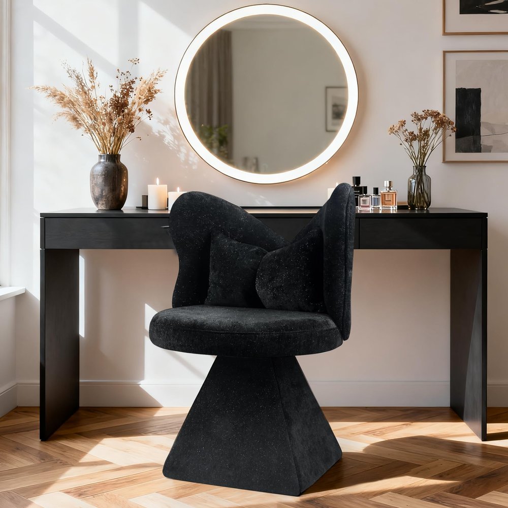 HaoChrymec Vanity Chair with Butterfly Backrest, Swivel Chenille Accent Chair, Black, 52 x 52 x 78 cm