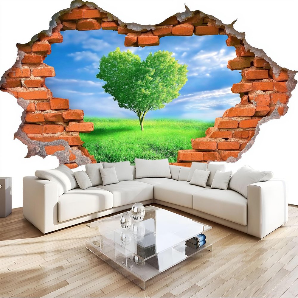Heart-Shaped Brick Wall 3D-Look Photo Wallpaper, Fields and Grassland, 350 x 256 cm, White Nonwoven Mural