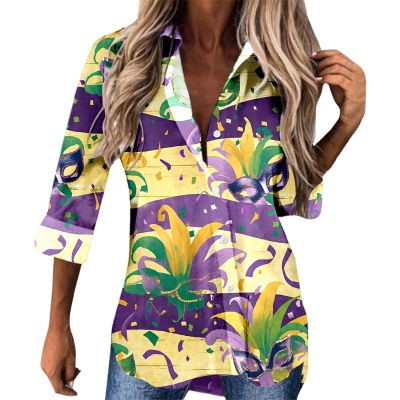 Women's Colorful Printed Carnival Blouse with Long Sleeves