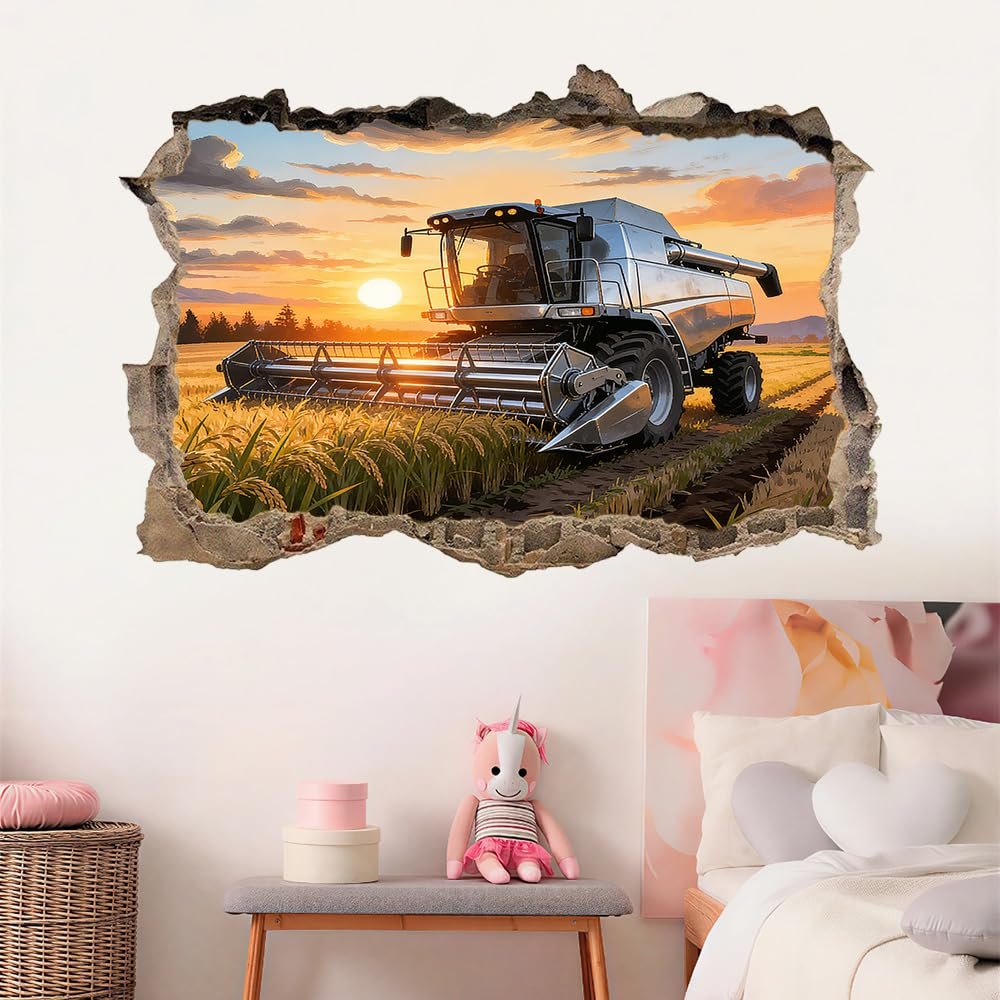3D Wall Breakthrough Sticker, Combine Harvester in Wheat Field