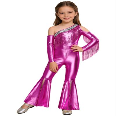 Yiesvsov Girls' Metallic Sequin Fringe Jumpsuit, Dark Pink, 122-128