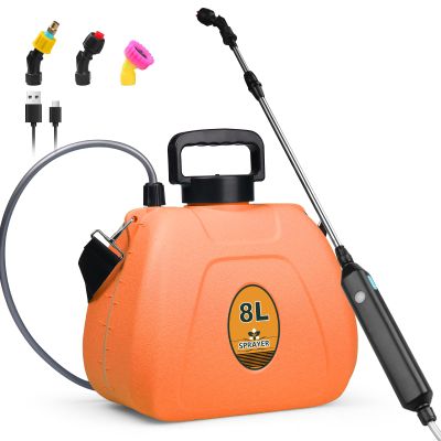 Qdreclod 8L Electric Pressure Sprayer, 1500mAh USB-Rechargeable, 3 Nozzles & Telescopic Wand, Orange