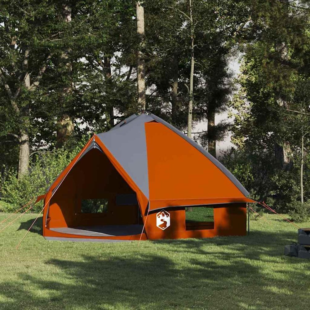 Gray and Orange Teepee Tent 490 x 410 x 210 cm, Waterproof UV-Resistant 185T Polyester, Family Camping Tent with Carry Bag