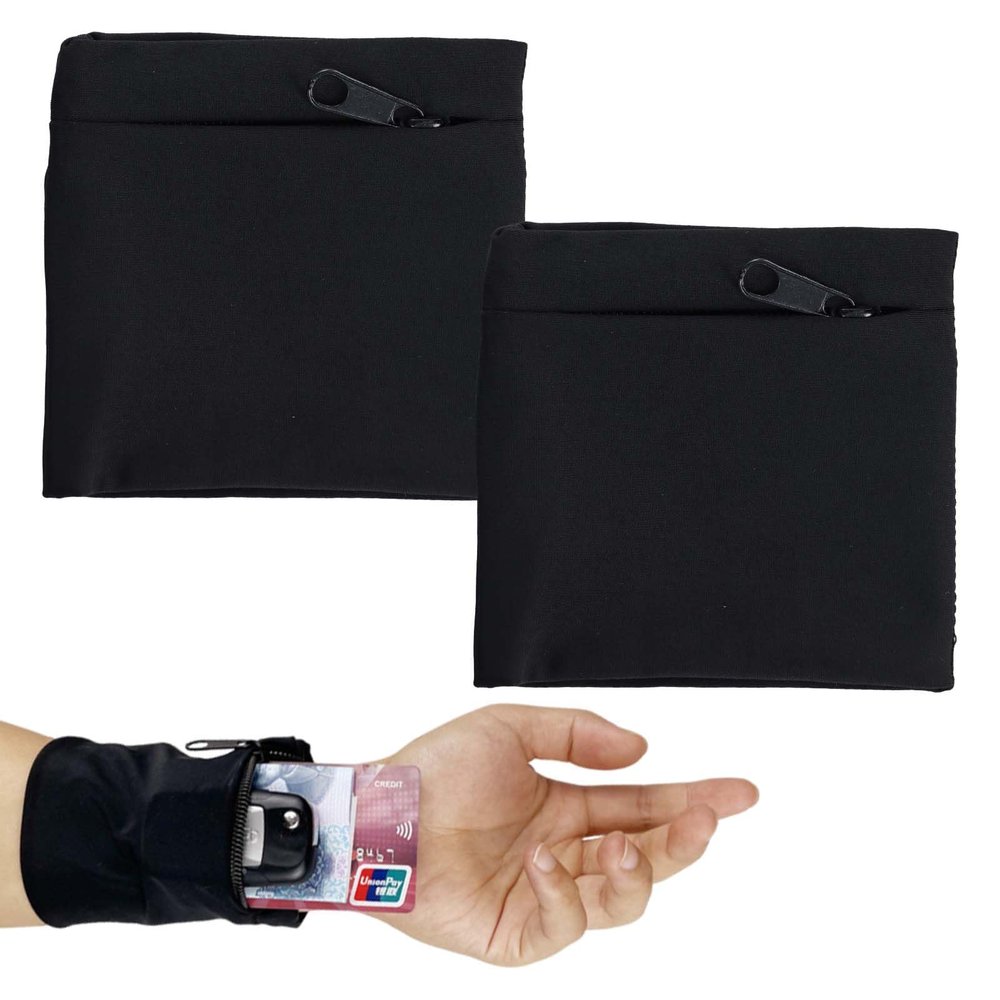 2-Pack Wrist Pouches for Men & Women, Sports Sweatbands with Zippered Wrist Wallets for Basketball, Running and Sports, Black