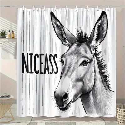 AUWUUA Donkey Shower Curtain, 130 x 140 cm, NICEASS Lettering, Vertical Stripes, with Hooks