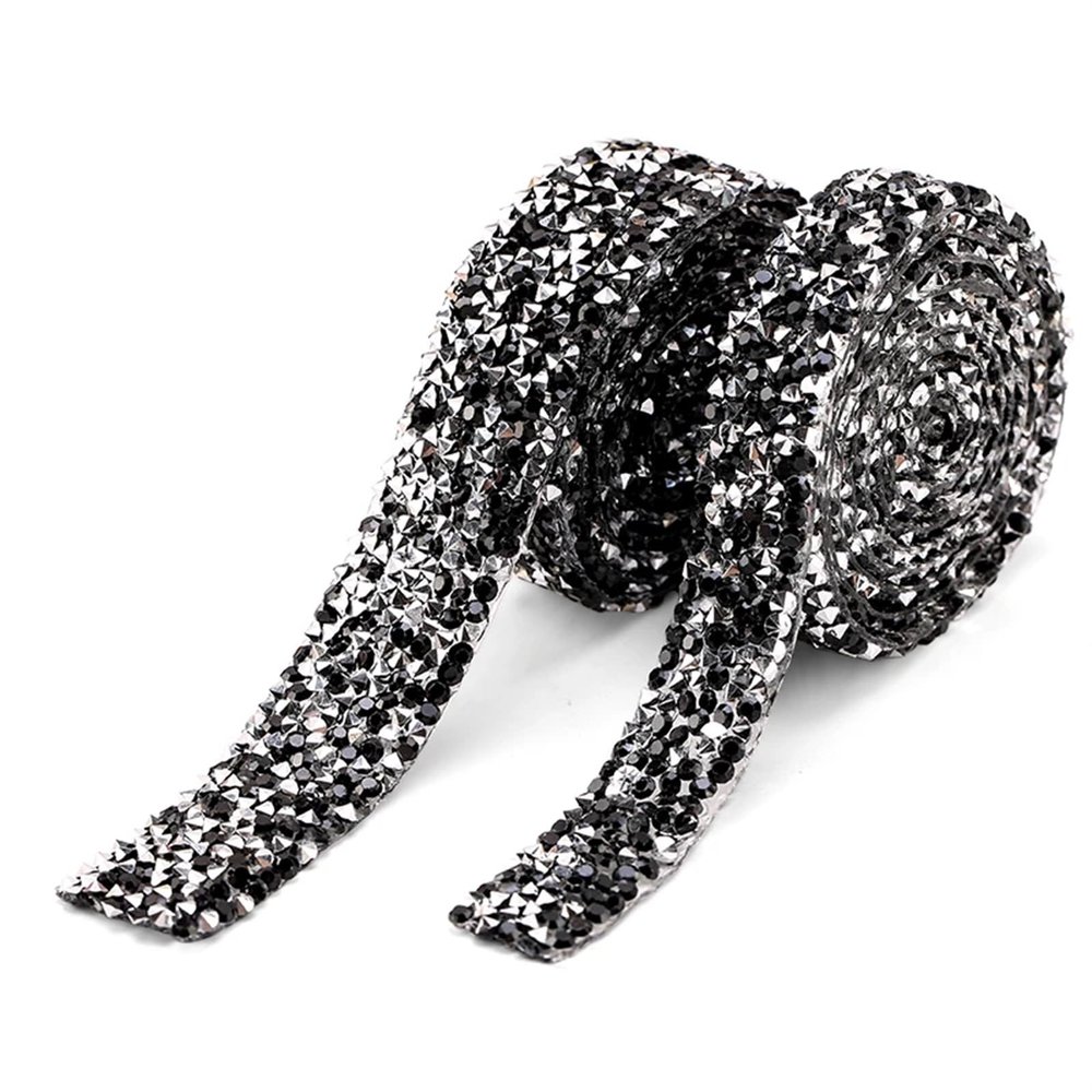 Rhinestone Diamond Satin Ribbon Crystal Roll, Silver Black, 15 mm × 1 Yard