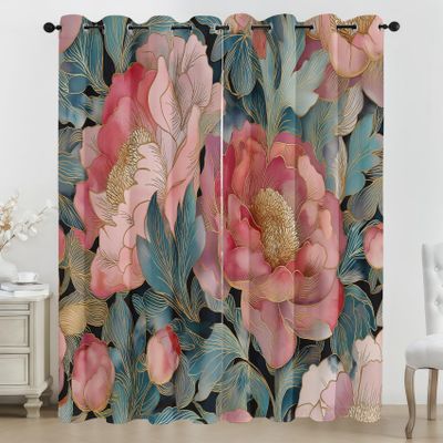Pink Blue Flower Blackout Curtains, Vintage Botanical Design, 2-Piece Grommet Set, Thermal Curtains for Living Room or Bedroom, 245 x 140 cm