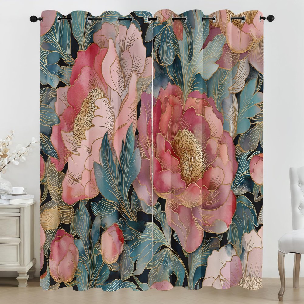 Pink Blue Flower Blackout Curtains, Vintage Botanical Design, 2-Piece Grommet Set, Thermal Curtains for Living Room or Bedroom, 245 x 140 cm