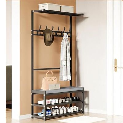GHFXSCV Industrial Hall Tree with Removable Hooks, 2-Tier Shoe Rack and Bench