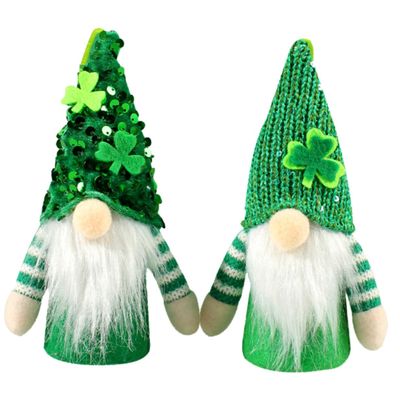 GRIRIW 2-Piece St. Patrick's Day Gnome Hanging Ornaments, Handmade Illuminated Green Glitter Gnomes with Shamrock Hanging Rope