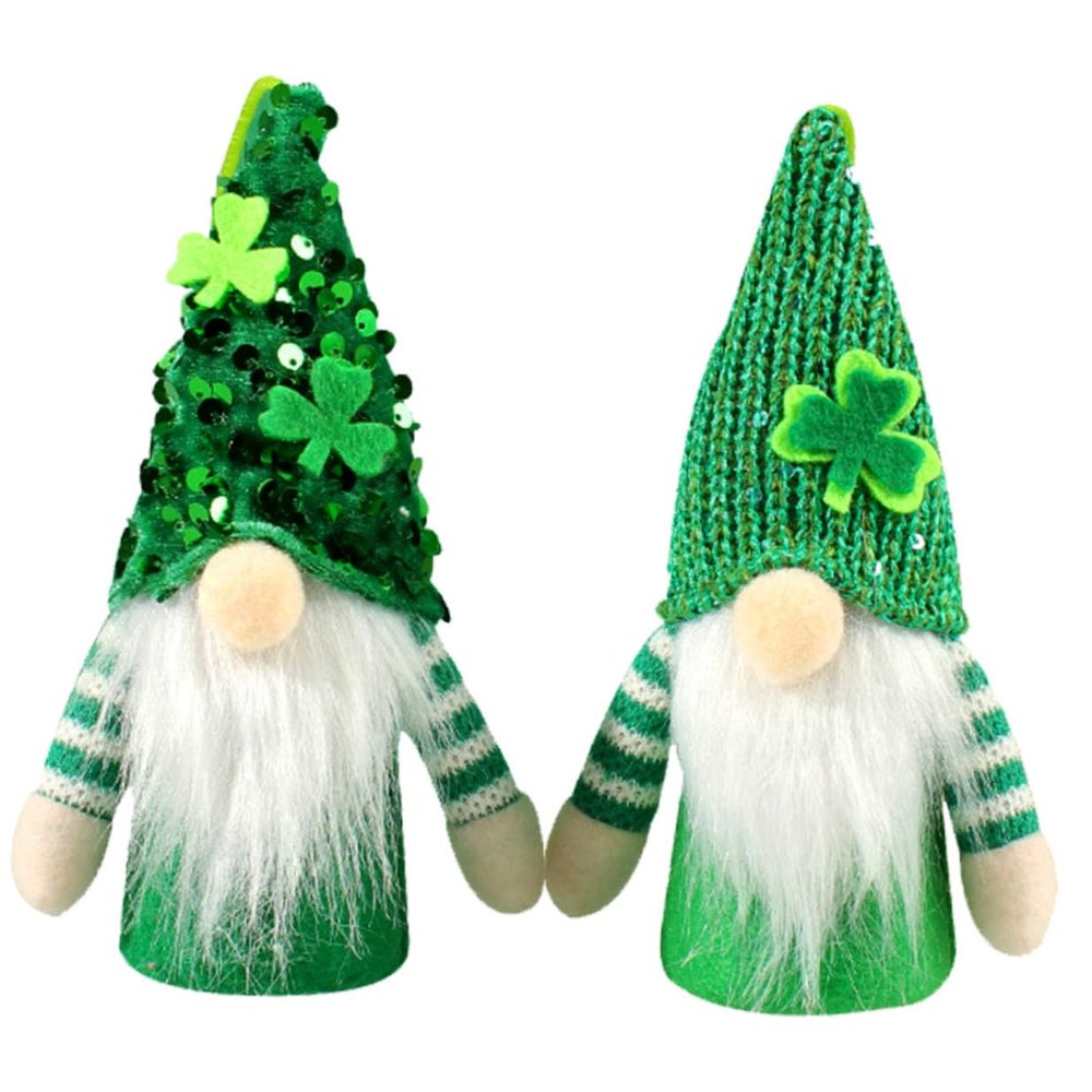 GRIRIW 2-Piece St. Patrick's Day Gnome Hanging Ornaments, Handmade Illuminated Green Glitter Gnomes with Shamrock Hanging Rope