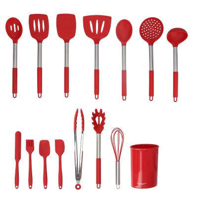 15-Piece Silicone Kitchen Utensil Set with Stainless Steel Handles, Red