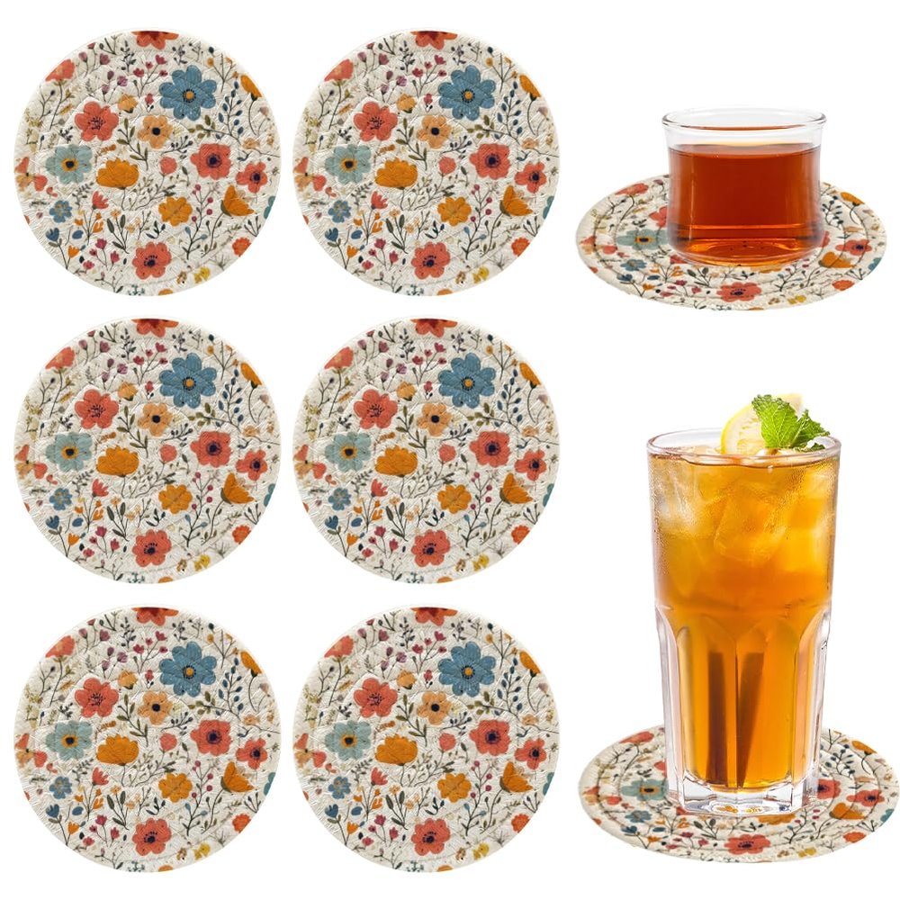 PRESSINART Coasters - Vintage Floral Cotton Drink Coasters (Set of 6)