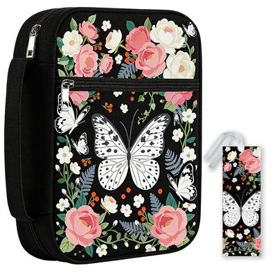 PRESSINART Butterfly Bible Cover, 12 x 8.7 in, Floral Polyester Cover with Pocket, Bookmark, Handle and Zipper