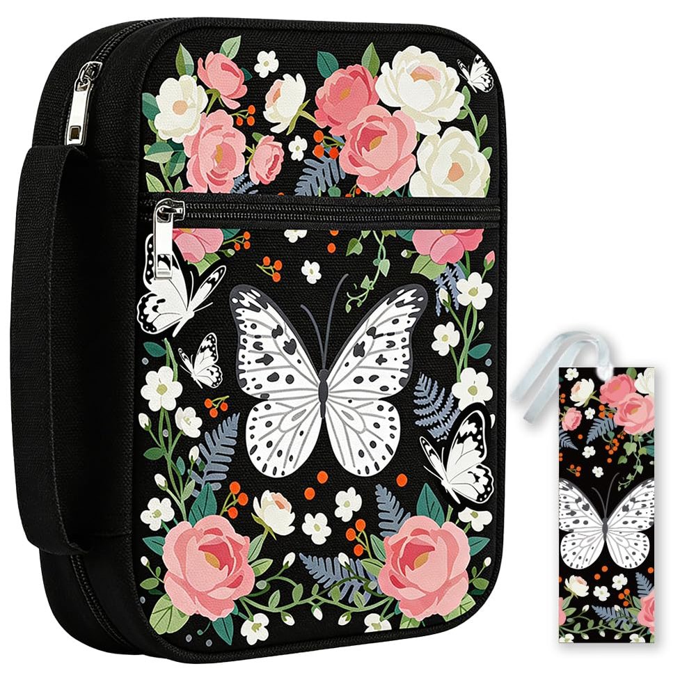 PRESSINART Butterfly Bible Cover, 12 x 8.7 in, Floral Polyester Cover with Pocket, Bookmark, Handle and Zipper