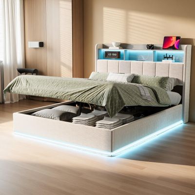 Hoscullo Upholstered Platform Bed 140 x 200 cm with Storage, LED and USB