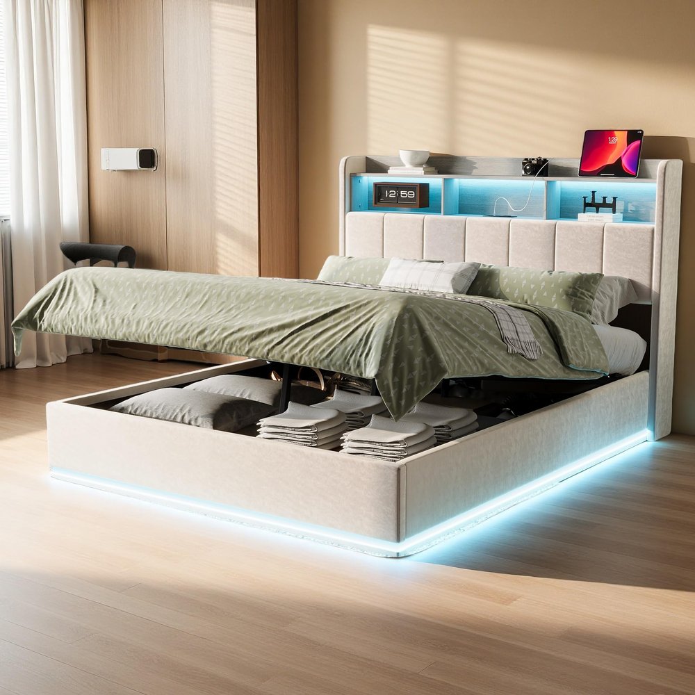 Hoscullo Upholstered Platform Bed 140 x 200 cm with Storage, LED and USB