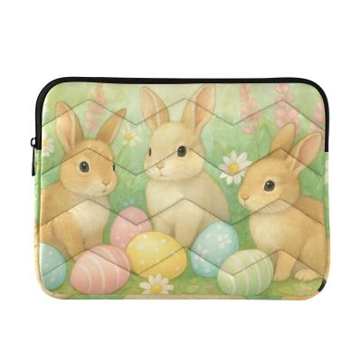 Quilted Laptop Sleeve with Cute Rabbits and Pastel Easter Eggs, Size M