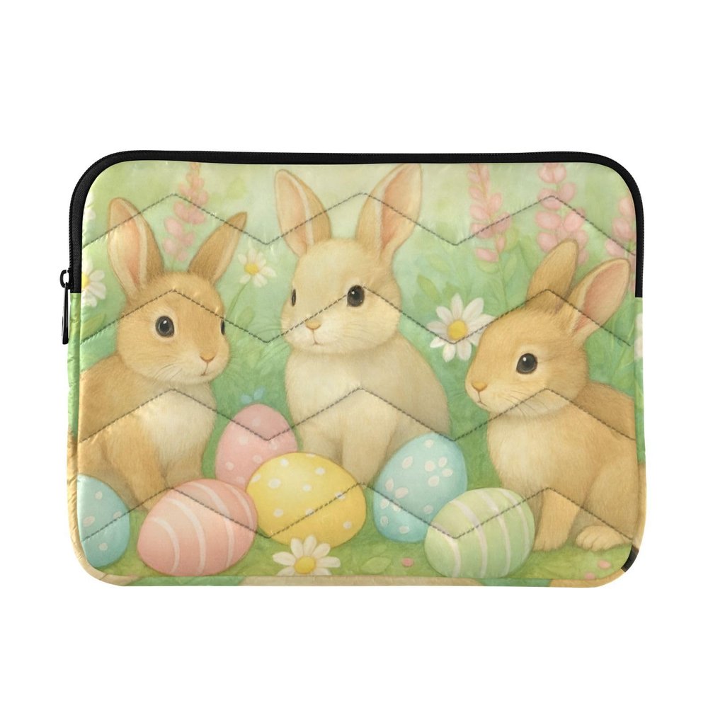 Quilted Laptop Sleeve with Cute Rabbits and Pastel Easter Eggs, Size M