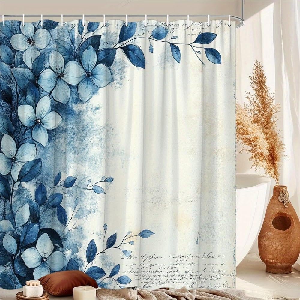 JGGXHM Vintage Floral Shower Curtain, Blue and White, with 12 Hooks (220 x 160 cm W x H)