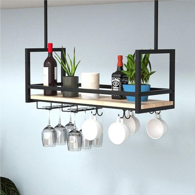 Hanging Ceiling Plant Stand & Wine Rack, 1-Tier Upside-Down Glass Display Shelf, Black (120 × 3 cm)