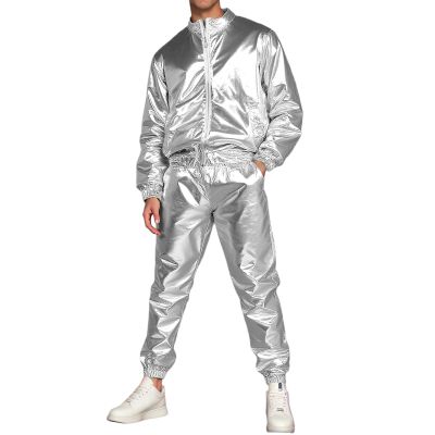 Men's Metallic Skinny-Fit Tracksuit Costume, Shiny Jacket and Jogger Pants, 80s Disco Outfit