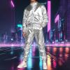 Men's Metallic Skinny-Fit Tracksuit Costume, Shiny Jacket and Jogger Pants, 80s Disco Outfit view 2