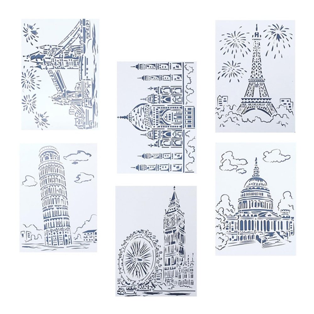 Ciieeo 6-Piece White Architectural Drawing Templates, PET, Portable and Easy to Clean, Coloring Stencils for Children