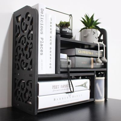 DoToGo Desk Shelf Organizer, Desktop Bookshelf for Small Spaces, Adjustable and Expandable for Office, Home, Kitchen (Black Cloud)