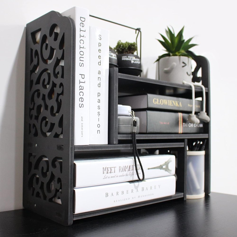 DoToGo Desk Shelf Organizer, Desktop Bookshelf for Small Spaces, Adjustable and Expandable for Office, Home, Kitchen (Black Cloud)