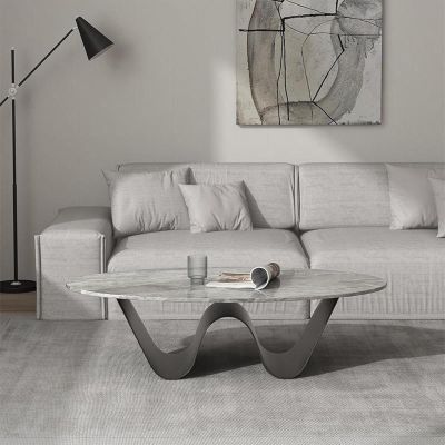 Modern Slate Coffee Table, Minimalist Oval Side Table with Steel Frame, Easy Assembly, 130 cm/51.2 in