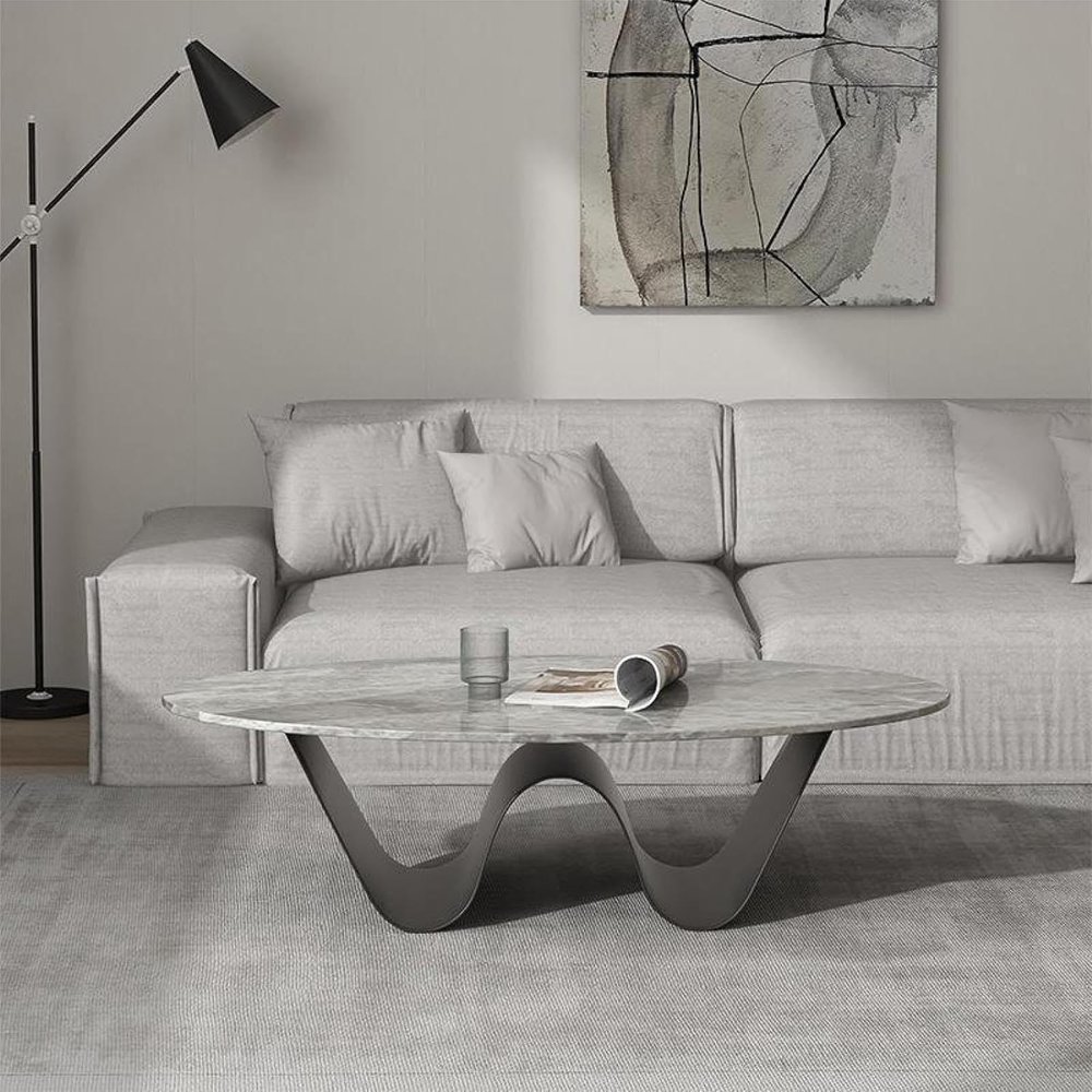 Modern Slate Coffee Table, Minimalist Oval Side Table with Steel Frame, Easy Assembly, 130 cm/51.2 in