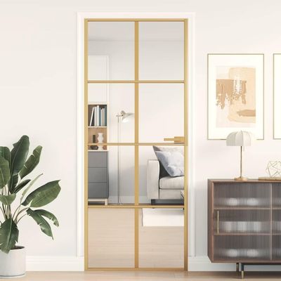 Slim Gold Interior Door 83 x 201.5 cm, Tempered Glass and Aluminum